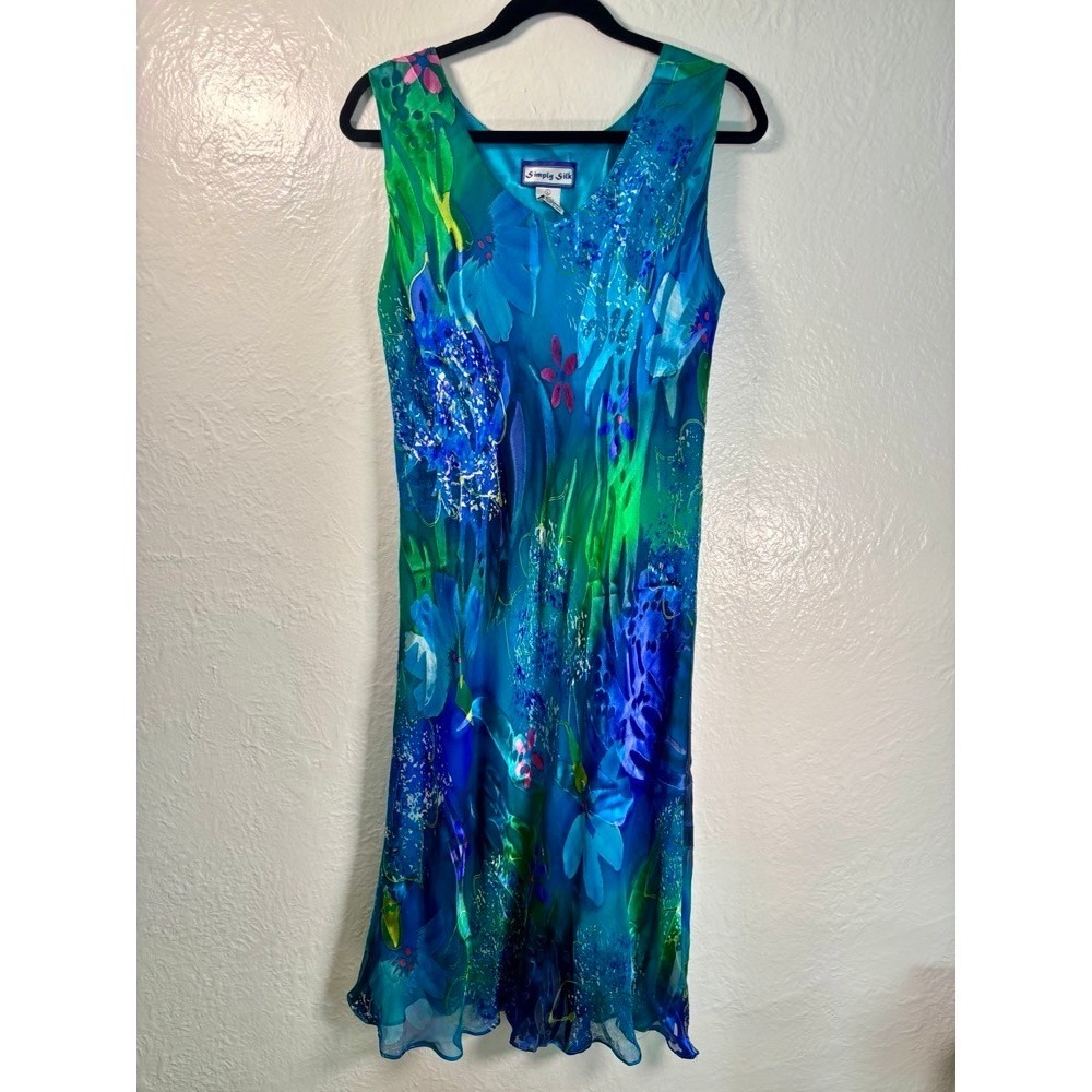 Simply Silk Floral Print Midi Dress Blue Green Sleeveless Women's Size L